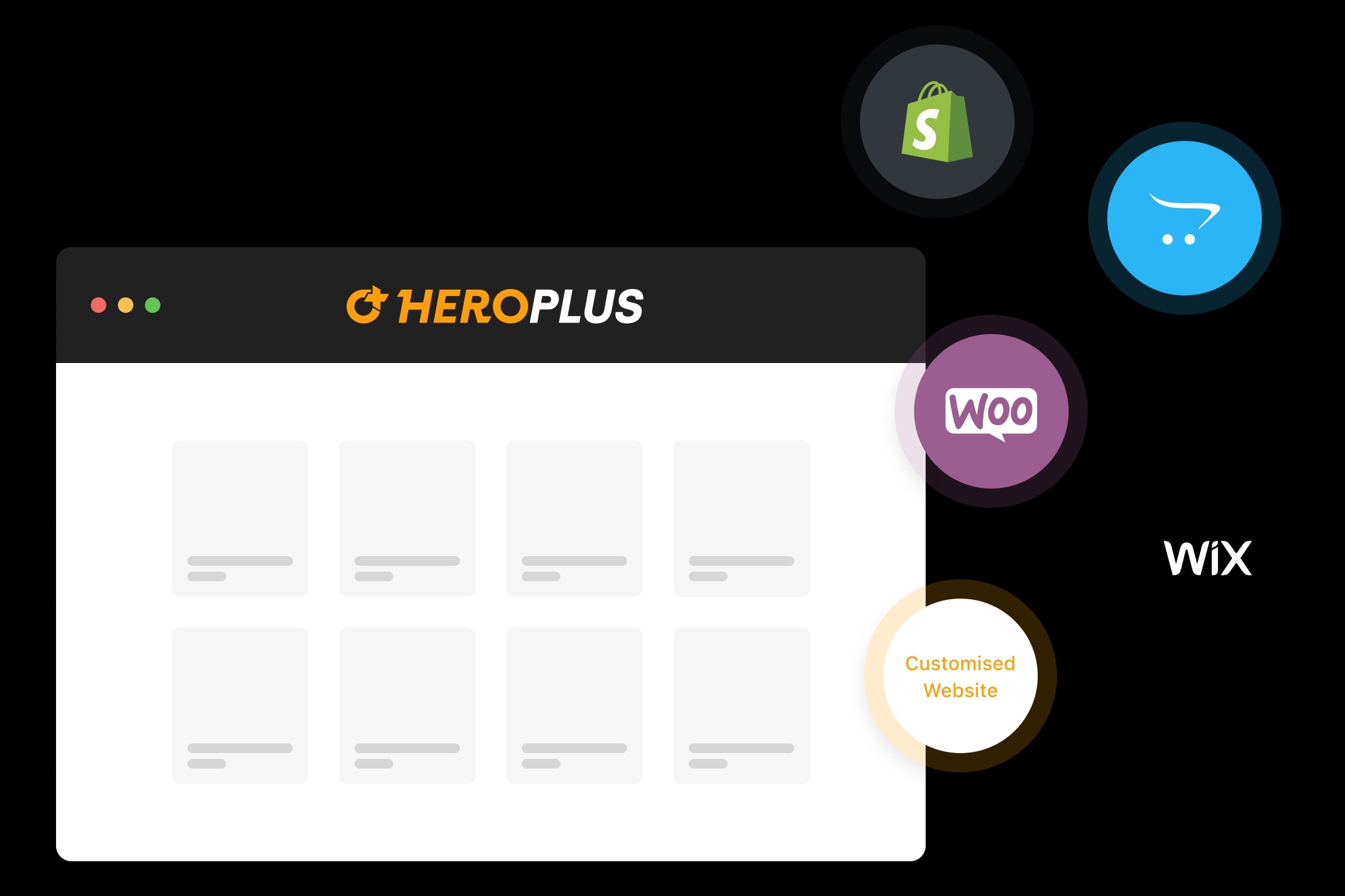 Hero Plus website surrounded by logos of famous website CMS builder platforms