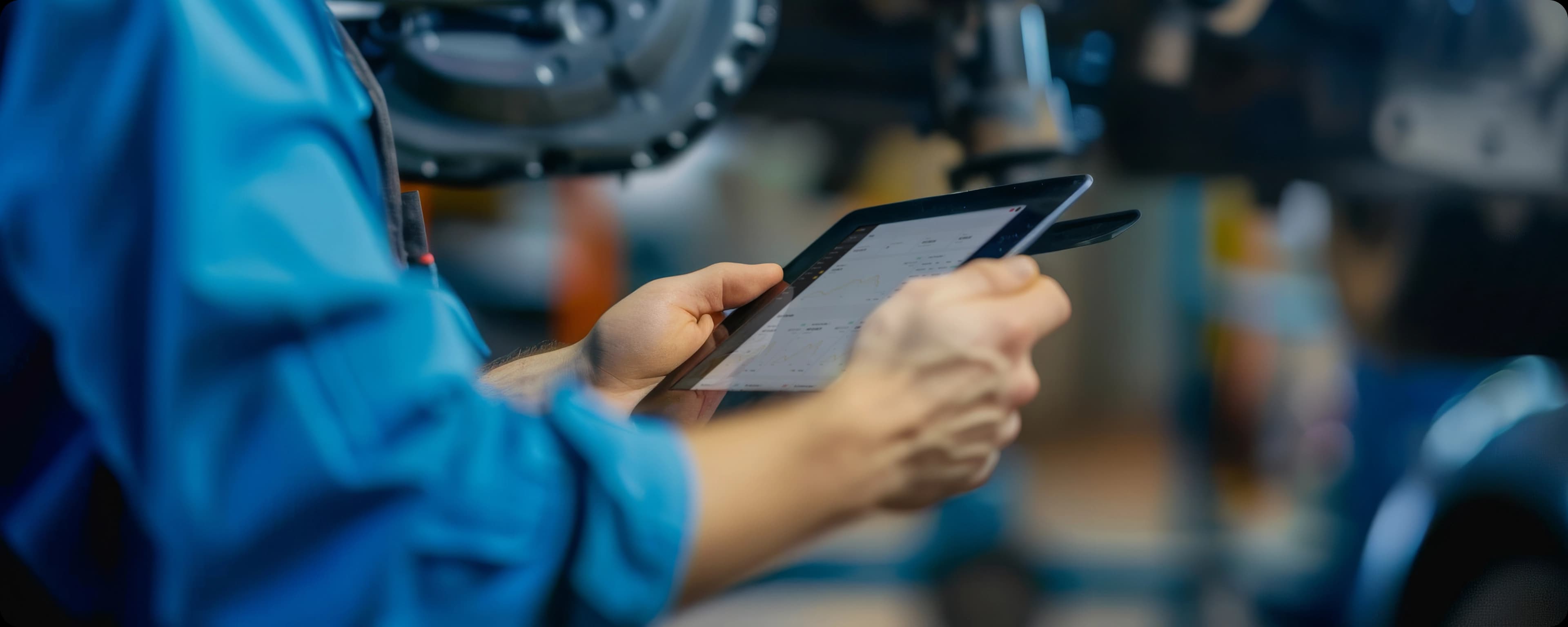 Man in apron using laptop touchpad